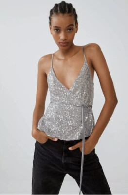 zara bnwt wrap silver crop sequin womens