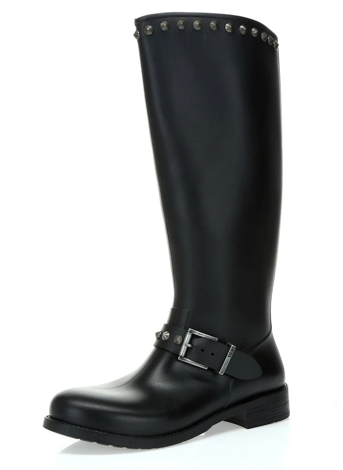 Mujeres DIESEL Negro Goma Tachonado Alto Botas de Lluvia Hebilla Zapatos Talla 37 ¡NUEVO! Foto 2 de 4