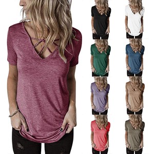 Summer-Womens-Short-Sleeve-Criss-Cross-V-Neck-Solid-T-Shirt-Casual-Loose-Tops-US