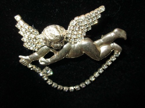 1940'S Vtg BROOCH Wing Cherub Silver/Tone REPOUSSE 60 Rhinestones Drape/claw 4 - Picture 3 of 12