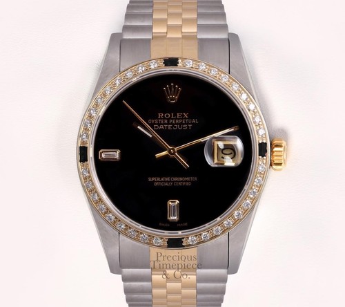 Rolex Men Datejust Two Tone 36mm 18k Sapphire Diamond Bezel-Onyx Baguette Dial - Picture 2 of 6