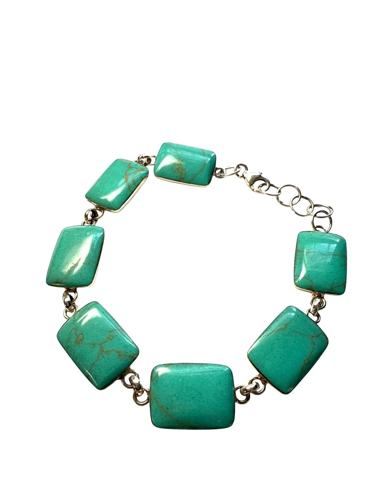 Pulsera de plata de ley 925 con eslabones turquesa rectangular de piedras preciosas ajustables Foto 3 de 4