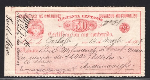 KOLUMBIEN versicherter Briefstempel *gezähnt* 50c KUBIERTA Carlaja 1907 #G40 WT82 - Bild 10 von 16