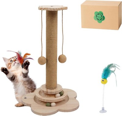 4-in-1 Wooden Cat Scratcher Toy,Cat Scratching Post&2-Level Track Tower W/ 8