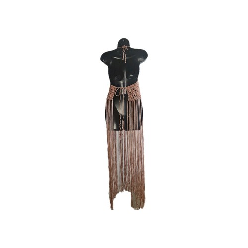 Women's Pink Champagne Crochet Halter Boho Babydoll Fringe Tieback Beach Maxi - Picture 4 of 8