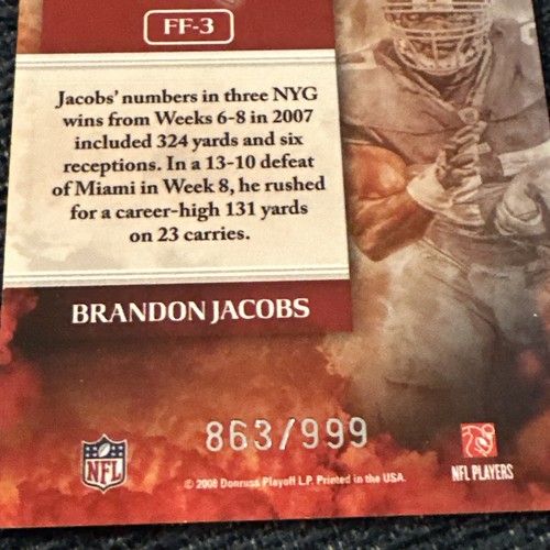 Brandon Jacobs 2008 Score #FF-3 FUTURE FRANCHISE Scorecard 863/999 NY Giants - Picture 3 of 3