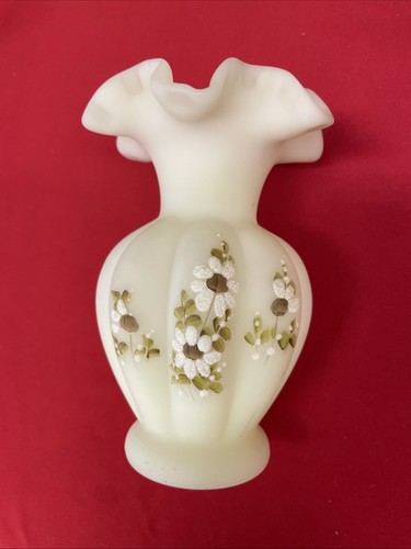 Fenton Vintage Custard Glass Ruffled Rim, Melon Shaped Hand Painted/Signed Vase