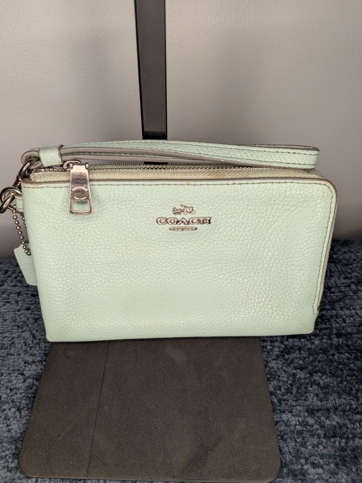 Coach Mint Green Pebbled Leather Double-Zip Wristlet