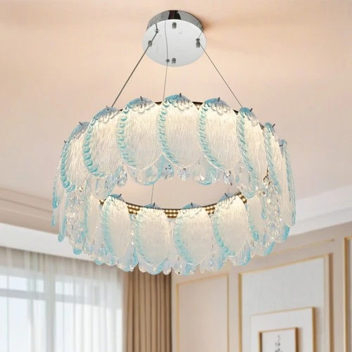 27'Blue Glass Crystal Chandelier With Adjustable Height And 3 Color Light Source