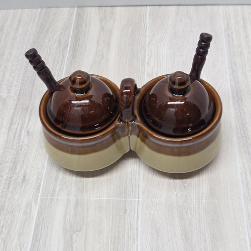 Vintage braun und creme glasierte Keramik Doppel Gewürz Topf Set mit Löffeln - Bild 2 von 7