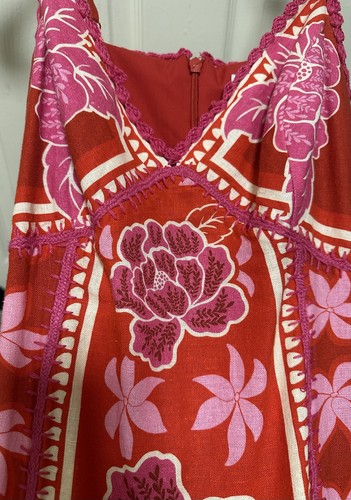 Caroline Constas rot Blumen Sommer Leinenmischung bestickt V-Ausschnitt Maxikleid XXS - Bild 2 von 23