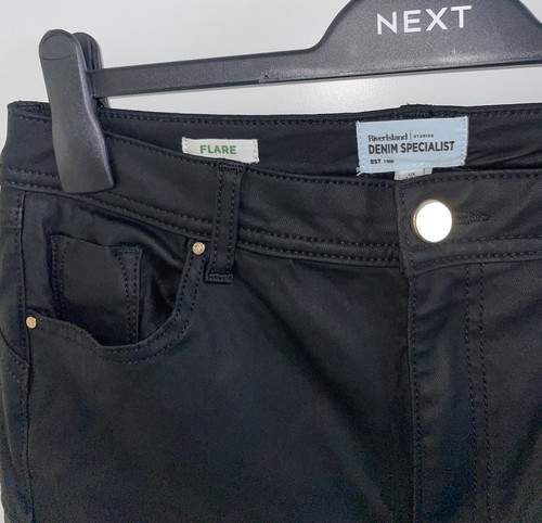 RIVER ISLAND LADIES BLACK COATED STRETCH FLARE JEANS TROUSER SIZE 12 14 LONG TAL - Picture 2 of 3