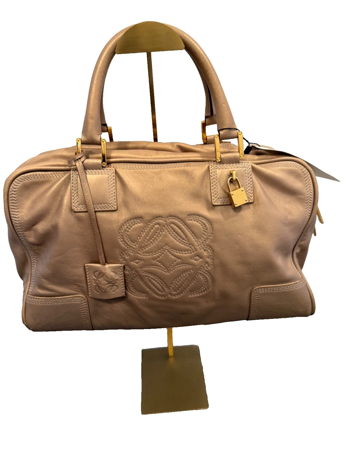 Loewe — Authentic Loewe Amazona Embossed Anagram Leather Satchel Bag – Taupe/Beige Gold