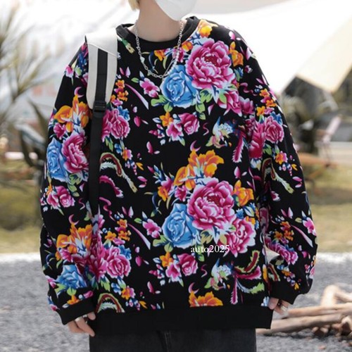 Men Flower Sweatshirt Pullover Top Floral Casual Crew Neck Loose Chinese Style - Foto 3 di 18