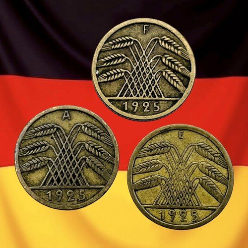 Lot of 3 Weimar Germany 5 Reichspfennig Coins - 1925 A, E & F - Combined Ship