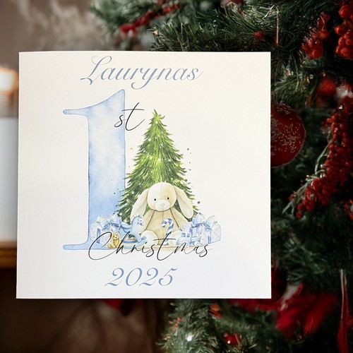 Babys First Christmas Card 8"x8" Large Custom Rabbit Keepsake Bunny Xmas Gift - Picture 2 of 10