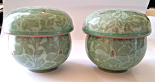 Pair of Korean Celadon Teacups with Lids Vine Leaf & Berry Design - 4 Piece Set