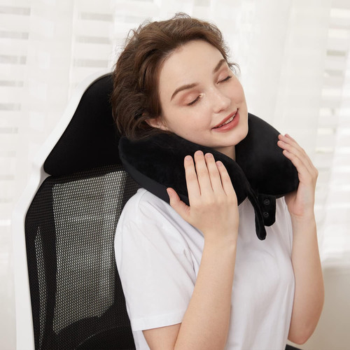 Travel Neck Pillow, Best Memory Foam Airplane Pillow for Head Support Black - Picture 3 of 7