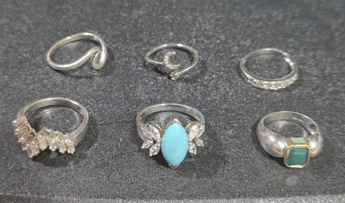 Lot Of 6 Silver Rings, Assorted Stones, 20.7g, 925 Sterling. Size 5-8.5