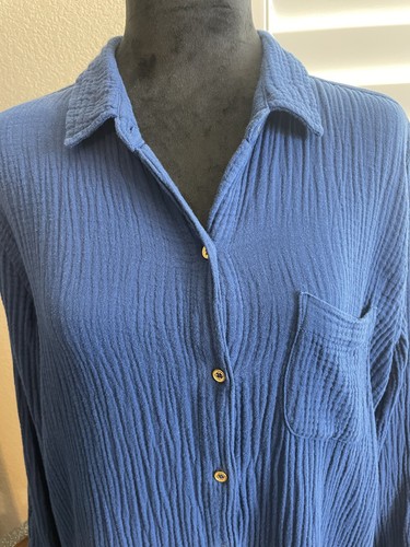 Blusa ANNE KLEIN Azul Profundo Algodón Gasa Manga Larga Rollo/Tostado Dorado Abotonado Largo - Imagen 2 de 22