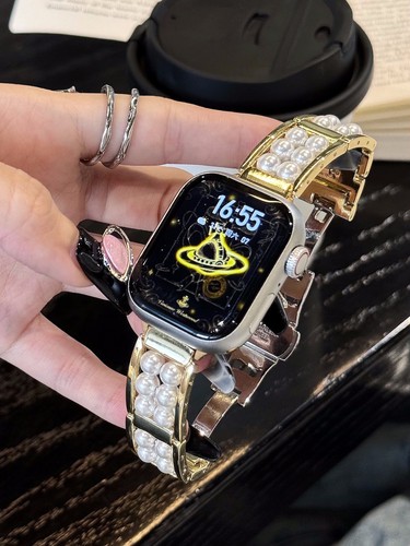 Correa de moda de metal con cuentas de nácar para Apple Watch S10/9/8/7/6/5/4/Ultra/SE - Imagen 7 de 16