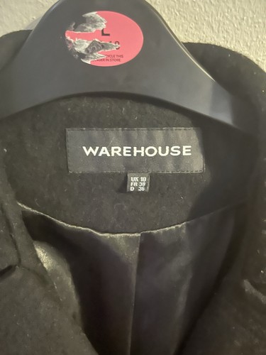 Woman’s Black Wool Long Overcoat. Warehouse, Size 10 - Picture 3 of 7
