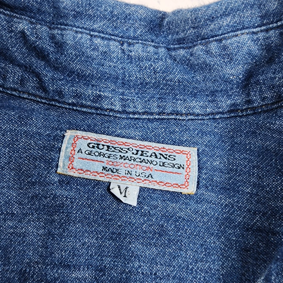 Guess Georges Marciano 牛仔衬衫男式 M 蓝色国旗标志复古美国制造 90 年代 — 第 2/4 张图片