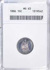 1886 SEATED LIBERTY DIME ~ BEAUTIFUL BLUE TONED ANACS MS63!