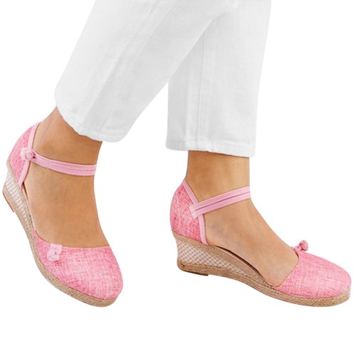 Mujeres Damas Retro Lino Lona Cuña Punta Redonda Informales Sandalias ¡Zapatos individuales! - Imagen 7 de 36