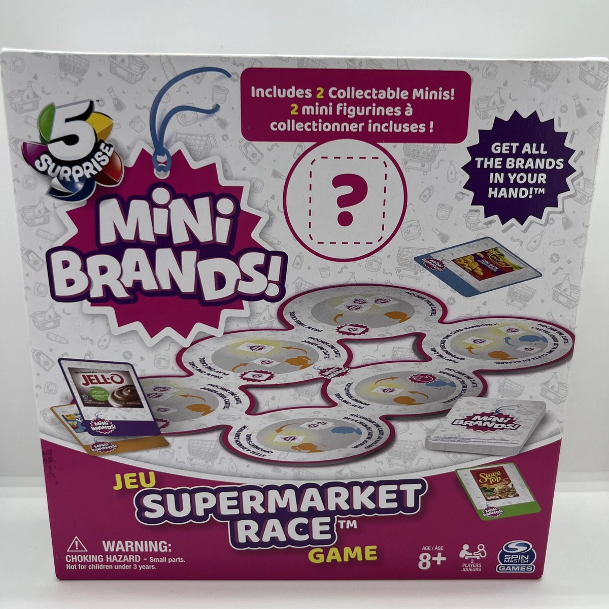 5 Surprise Mini Brands Supermarket Race Board Game by Spin Master, with 2 Collectible Movers for Kids 8 and up