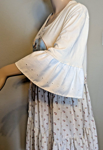 Upcycled Midi Dress XL Prairie Cottagecore Lagenlook Pocket Heart Butterflies - Picture 6 of 9