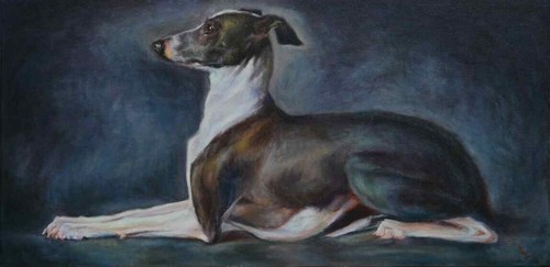 oil painting on canvas:profile view of brown white whippet dog looking straight