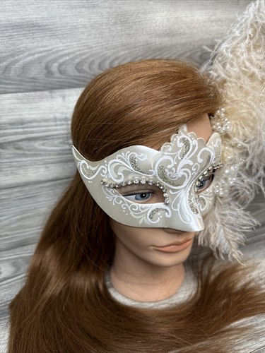Mardi Gras Masquarade Mask/ Hand Painted Cream/Off White Signed, Made in Italy-F - Picture 6 of 24