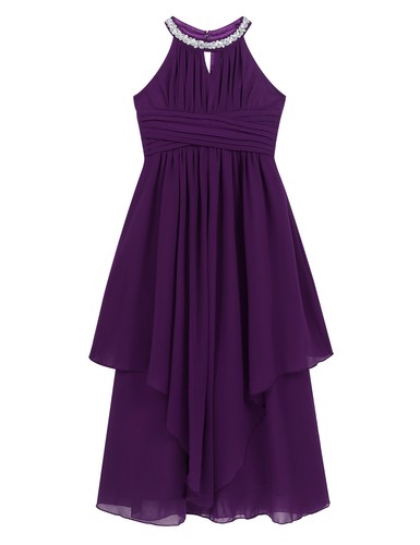 Girls Halter Flower Girl Dress Chiffon Sequined Wedding Bridesmaid Maxi Dresses - Picture 21 of 111