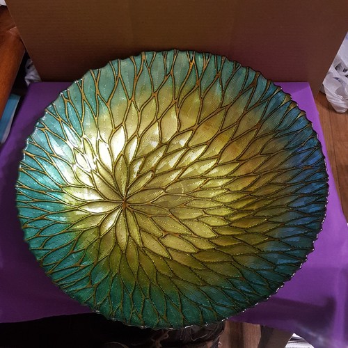 "Pieza central de tazón grande de vidrio con escamas de dragón oro amarillo verde azul plata 15,5""" - Imagen 6 de 12