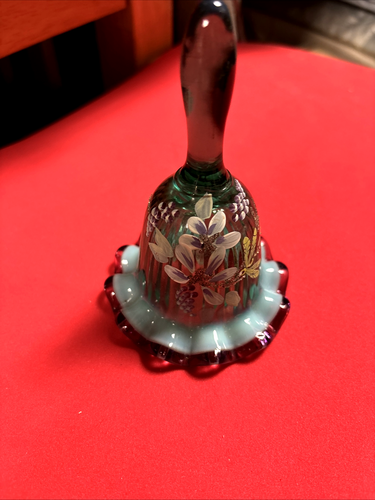 FENTON BEAUTIFUL TEAL FLORAL BELL HANDPAINTED BY M. Mihalak RUFFLE EDGE w/ Label