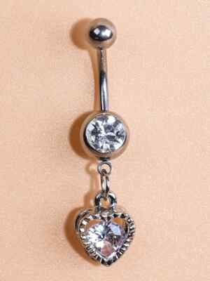 Shein rhinestone heart belly button bar silver nip