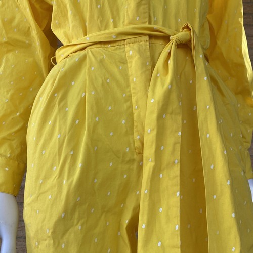 80s Saint Germain banana Yellow white fleck polka dot Jumpsuit Size 3/4 belted - Picture 13 of 24