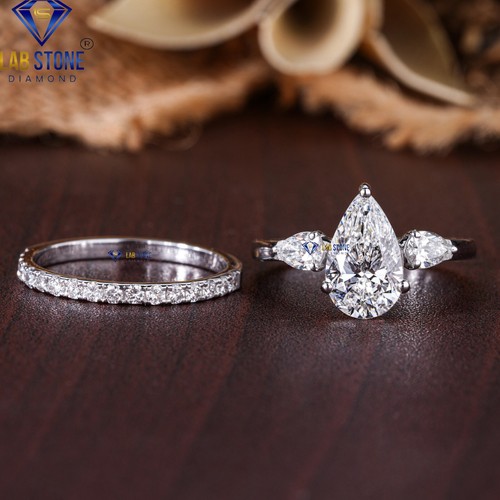 2.49TDW Pear & Round Cut Lab-Created Diamond White Gold Ring EF Color VS Clarity - Picture 2 of 5