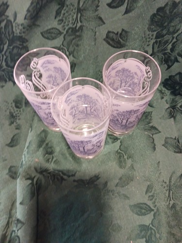 Set Of 3 Currier & Ives Glasses Blue on Frosted White Old Grist Mill 12oz - Picture 3 of 5