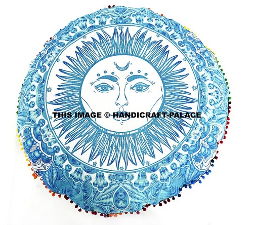 Indian Sun Moon Mandala Print Floor Pillow Pom Lace Boho Round Ottoman Pouf 32" - Picture 2 of 4