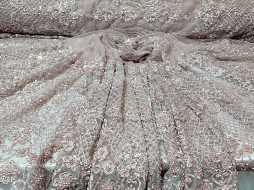 Fabric Sold By The Yard Dusty Rose Beaded Lace Floral Flowers Embroidery Mesh - Picture 8 of 9