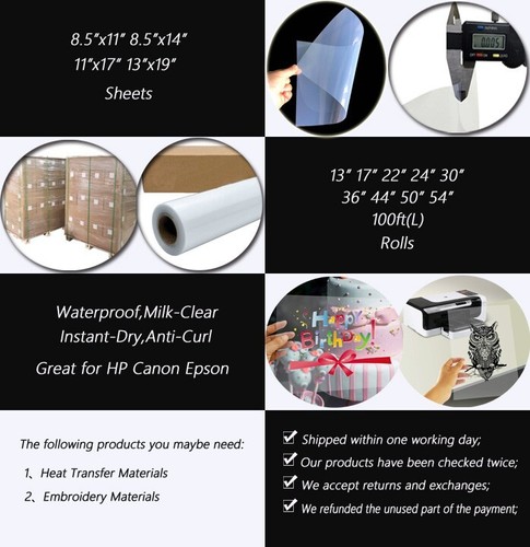 54"X 100',1 roll,Premium Waterproof Instant Dry Inkjet Milky Transparency Film - Picture 3 of 13