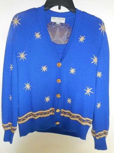 ST JOHN Mary Gray Cardigan Shell Top Blouse Royal Blue Gold Vintage 1990s Set - Picture 2 of 12