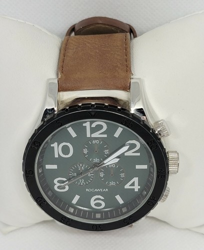 Mens Rocawear Stylish Classy Round Green Dial Brown Leather Band Watch RM5397 E4 - Picture 4 of 10