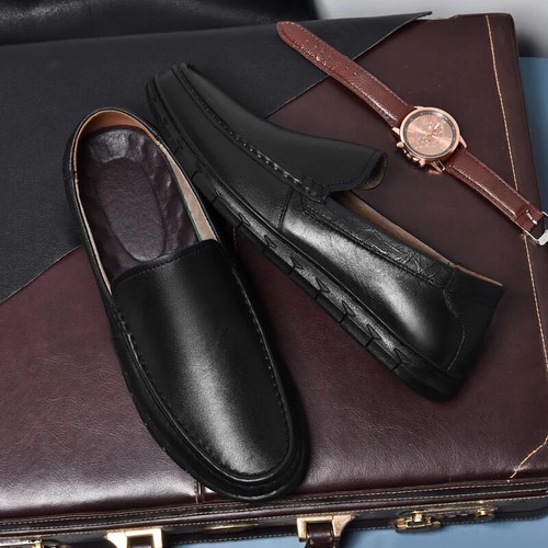 Mocasines de cuero genuino para hombre zapatos informales hechos a mano negocios zapatos planos sin cordones - Imagen 7 de 24