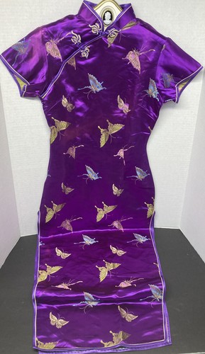 VINTAGE Golden Dragon Satin Dress China Size Small Oriental Purple Butterflies - Picture 1 of 5