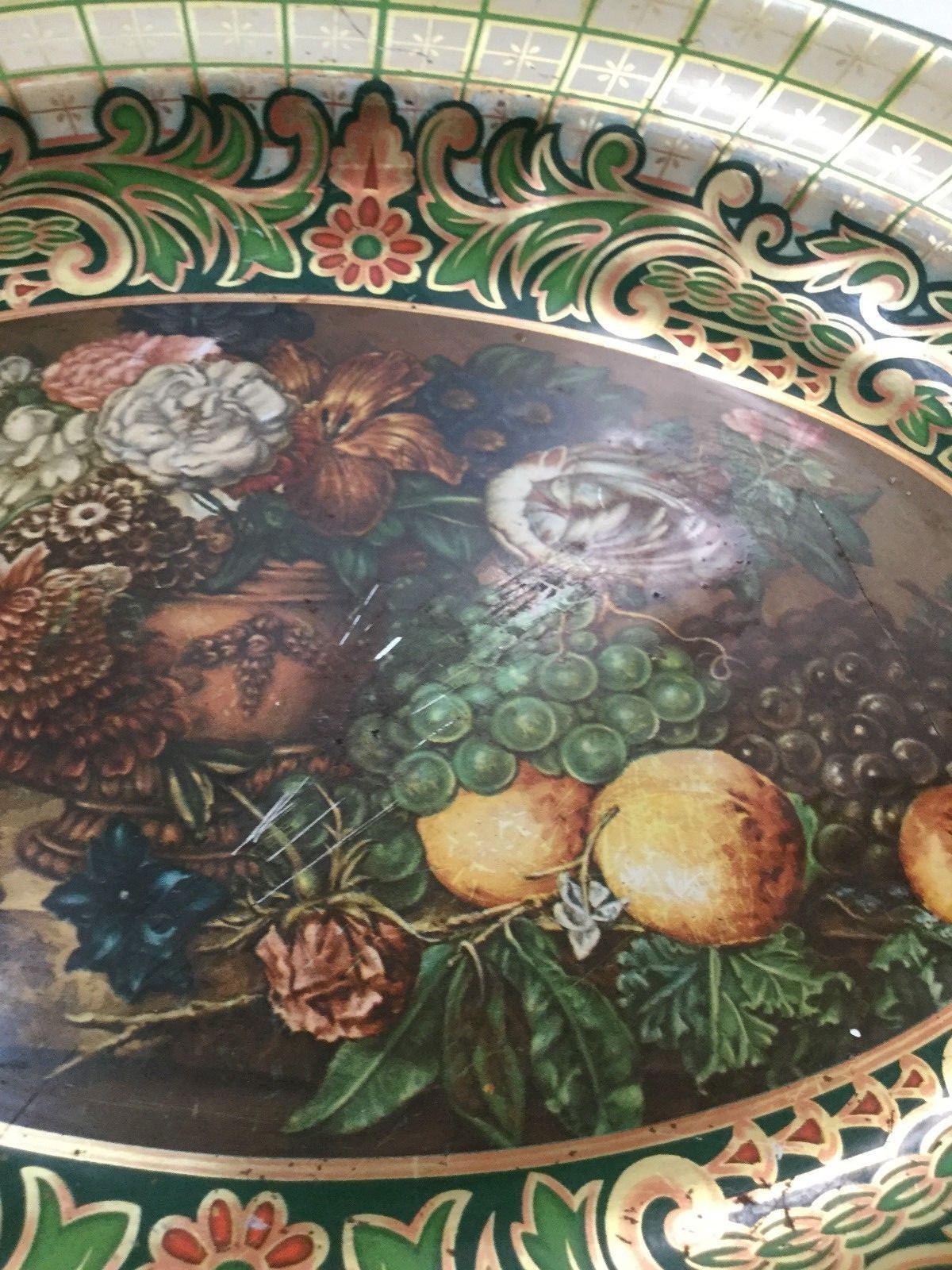 Daher Decorated Ware Metal Tray 13 Inch Oval Green Gold Flowers Fruit