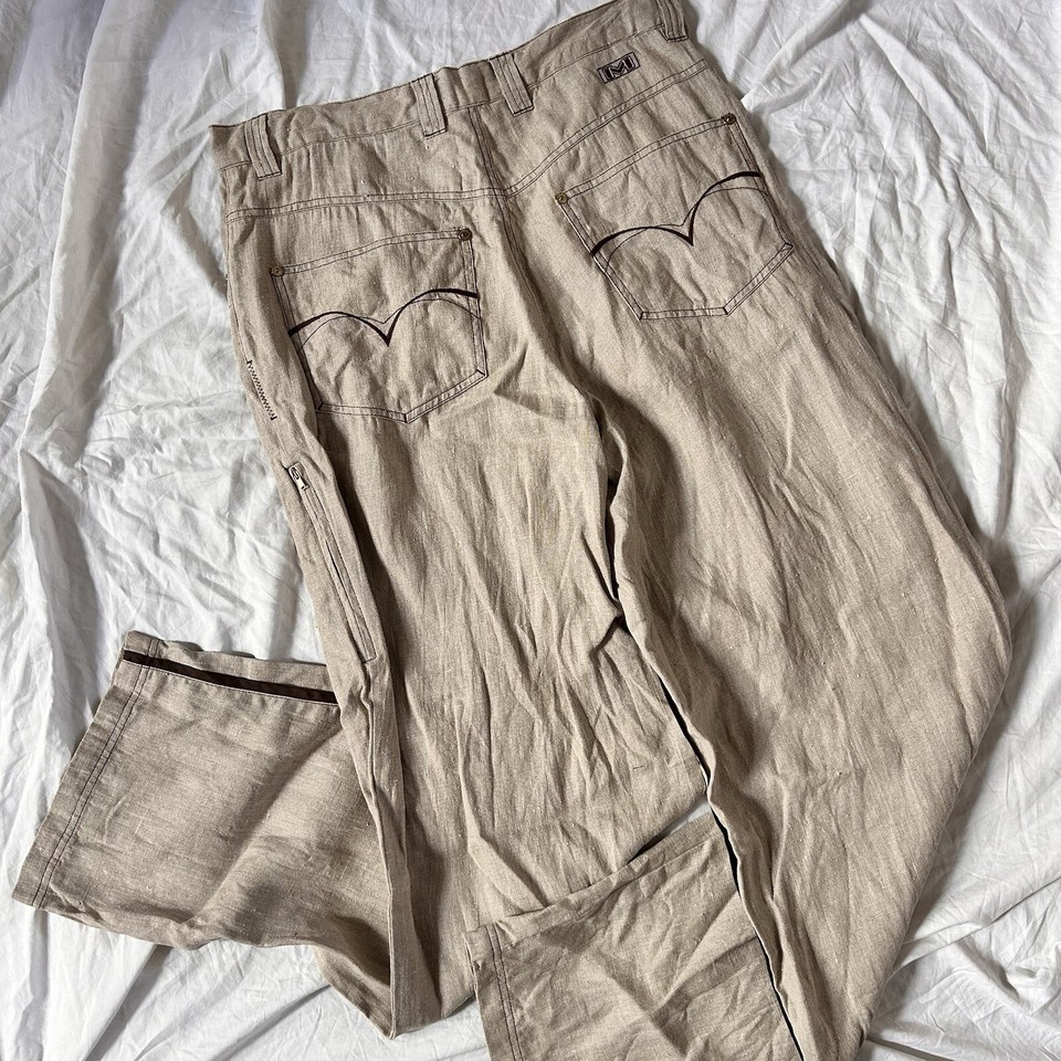 VTG MODISCH LINEN BROWN PANTS 36 TAN BROWN EMBROIDERED DESIGNER RARE