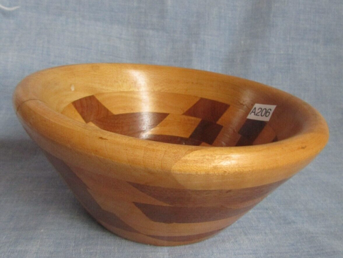 VINTAGE WOODEN 3" MOSAIC BOWL HAND TURNED FROM SEGMENT WOOD - Photo 4/4